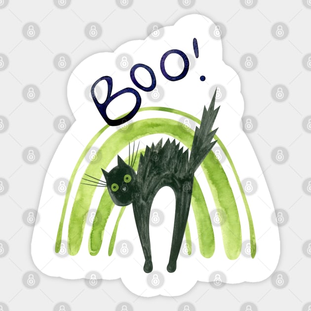 Halloween Green Rainbow and Black Cat Watercolor Sticker by AdrianaHolmesArt